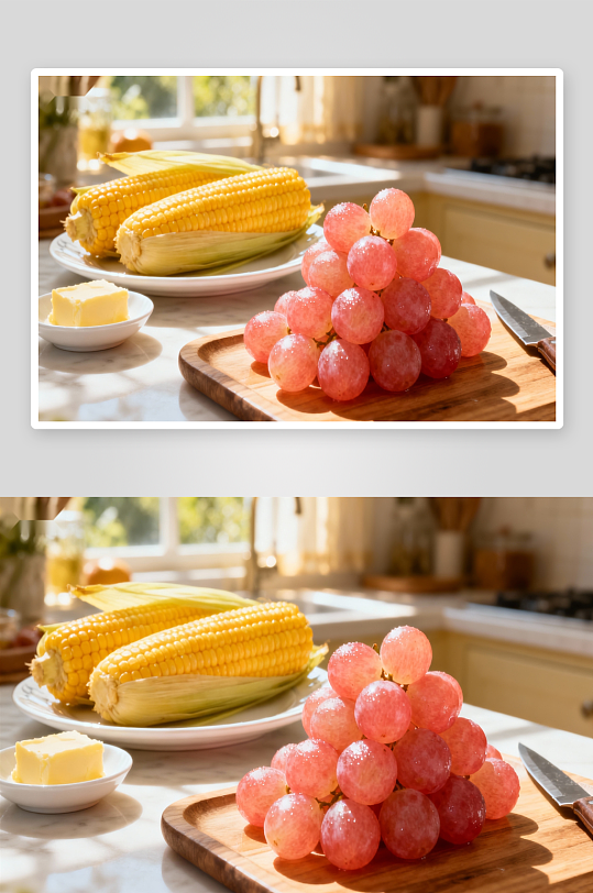 厨房阳光下水果与玉米-众图网