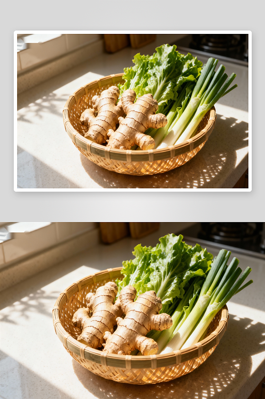 厨房阳光下竹篮蔬菜-众图网