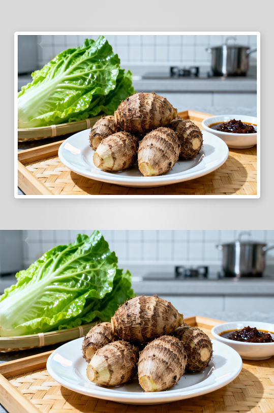 厨房餐桌上的芋头与生菜-众图网