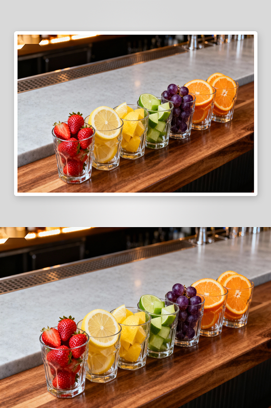 吧台水果杯色彩缤纷排列-众图网