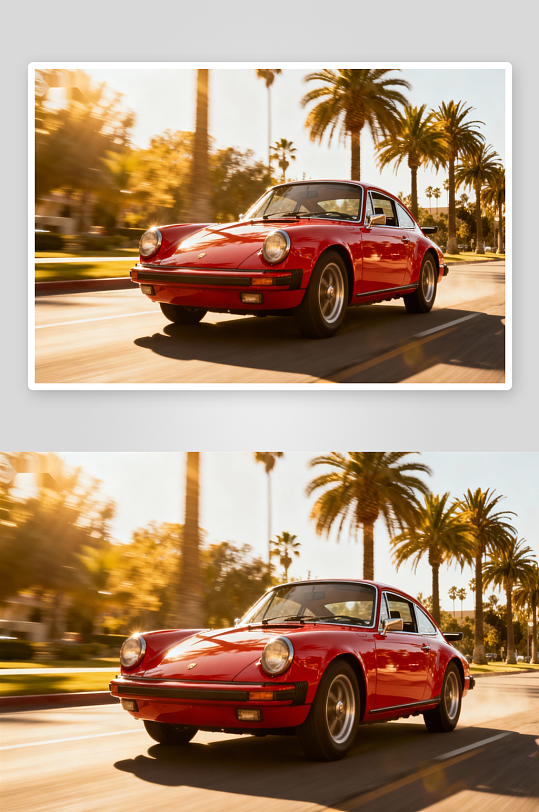 复古红跑车棕榈道飞驰-众图网