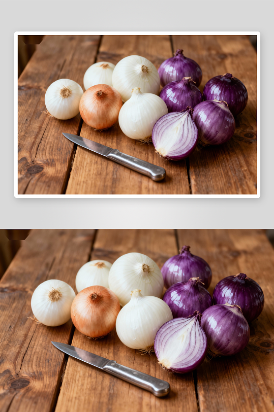 多种洋葱与刀具静置于木桌-众图网