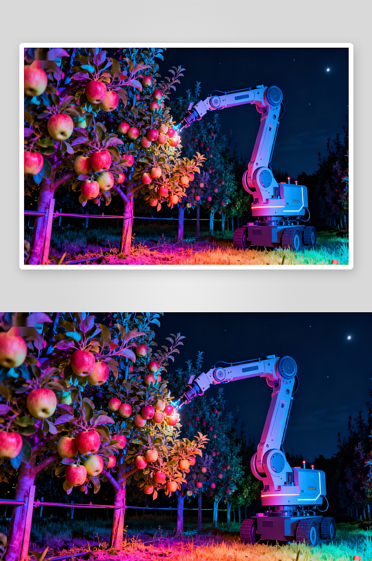 夜幕下机械臂采摘苹果-众图网