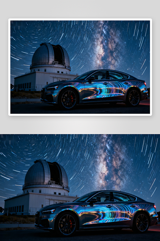 夜星下天文台旁的炫彩轿车-众图网