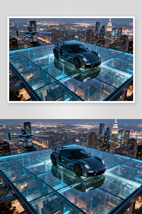 夜景城市玻璃平台跑车与无人机-众图网