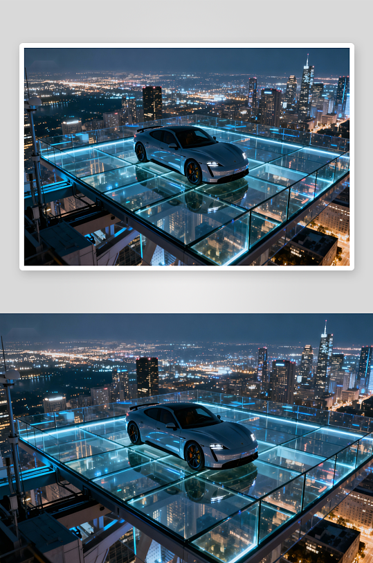 夜景高楼玻璃平台上的跑车-众图网