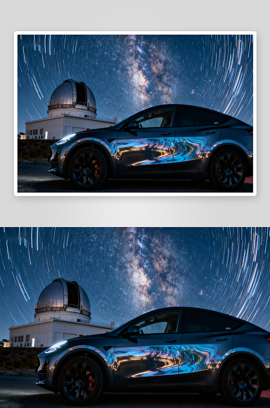 夜空银河下的汽车与天文台-众图网