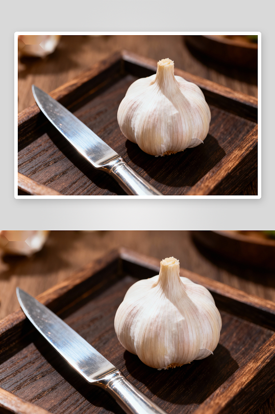 大蒜与刀具静置于木质托盘-众图网