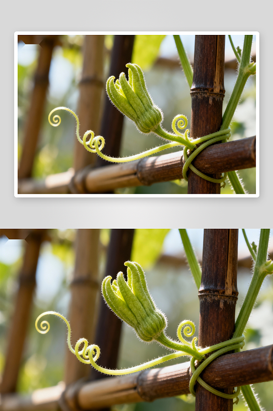 嫩绿瓜苗攀爬竹竿生机勃勃-众图网