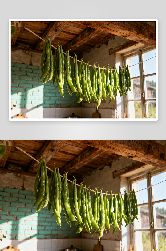 室内晾晒豆荚的乡村场景-众图网