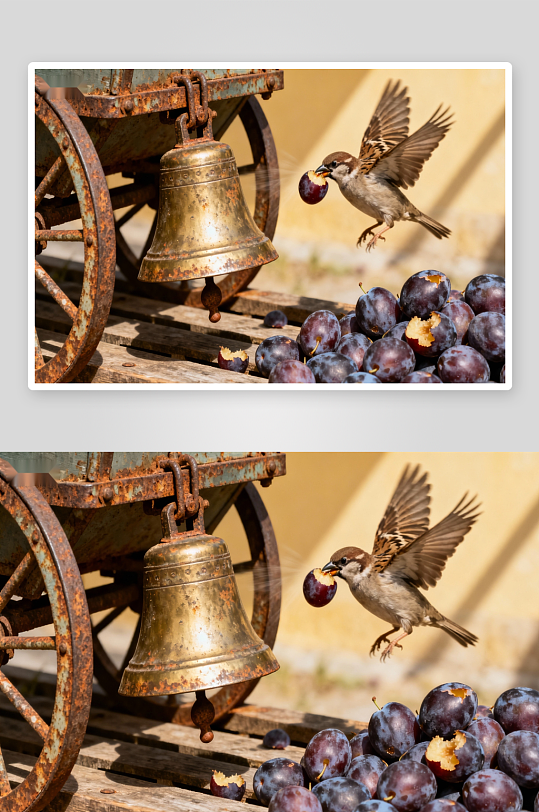 小鸟衔果飞过古钟木车-众图网