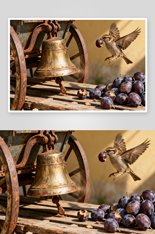 小鸟衔果飞过古铜铃-众图网