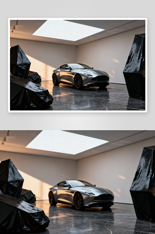 展厅内银色跑车与黑色雕塑-众图网