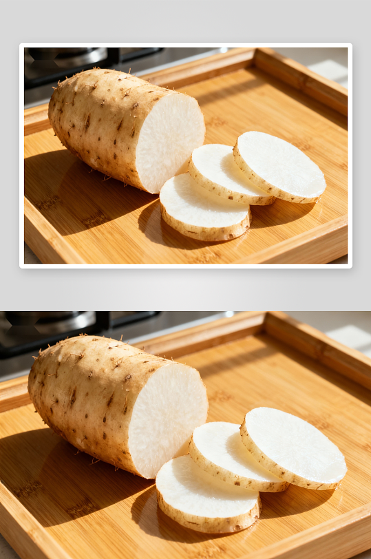 山药切片摆放在木质砧板上-众图网