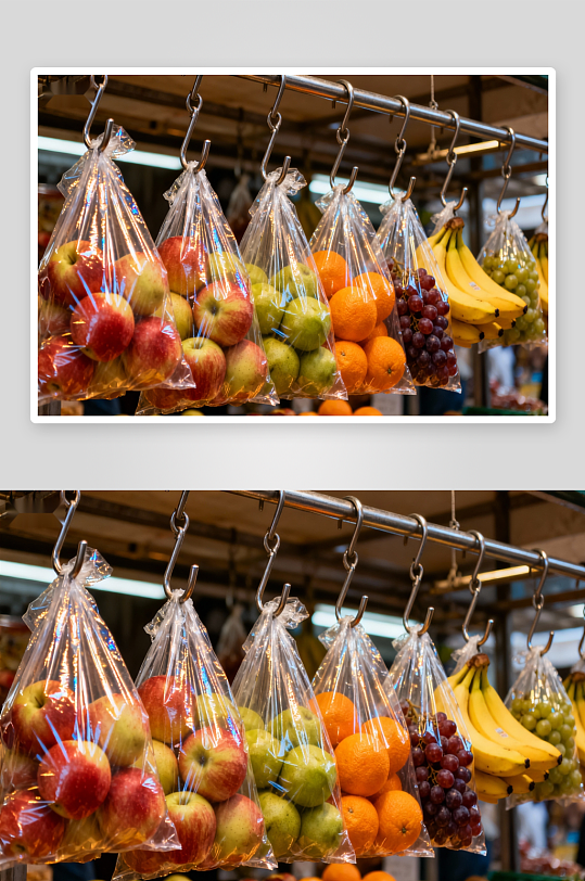 市场悬挂水果袋琳琅满目-众图网