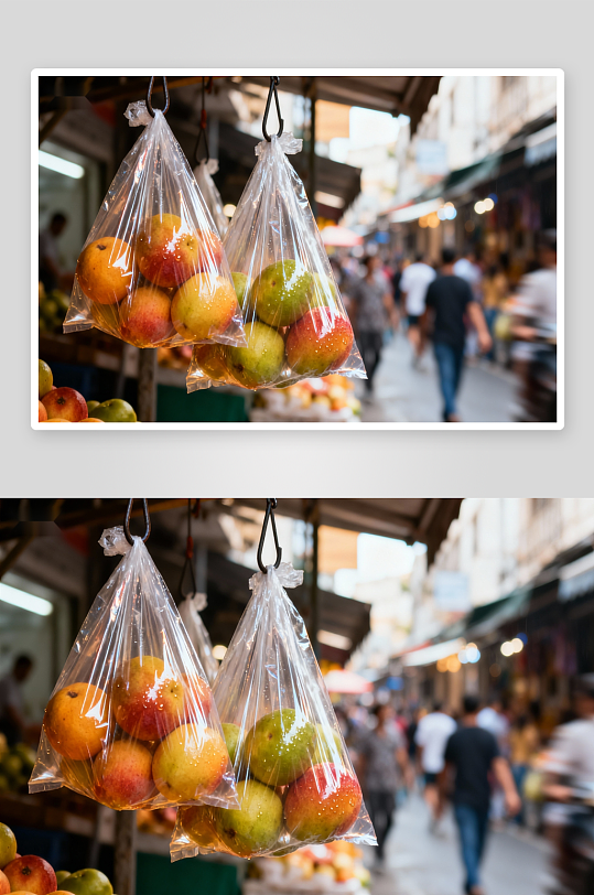 市场悬挂水果袋行人穿梭-众图网