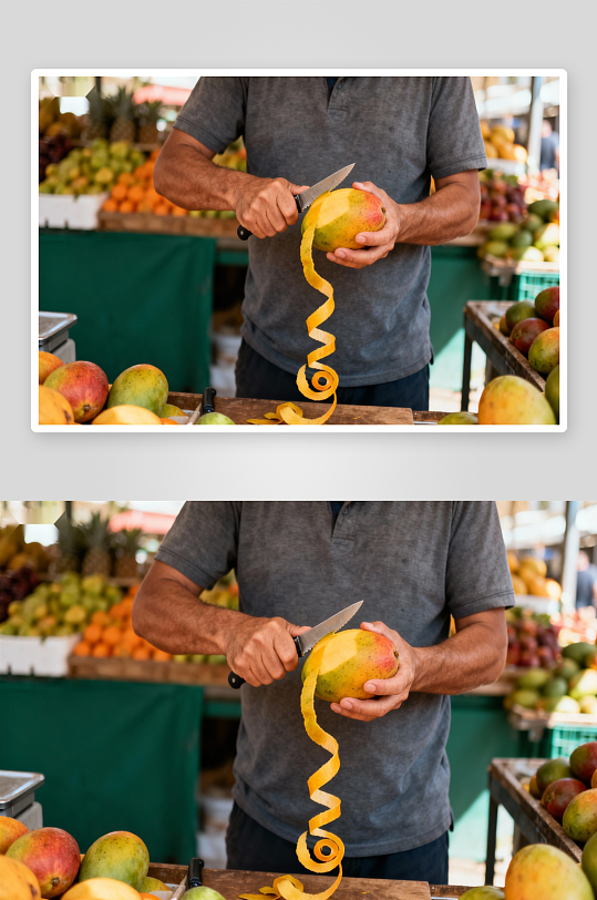 市场摊位削芒果照片摄影-众图网