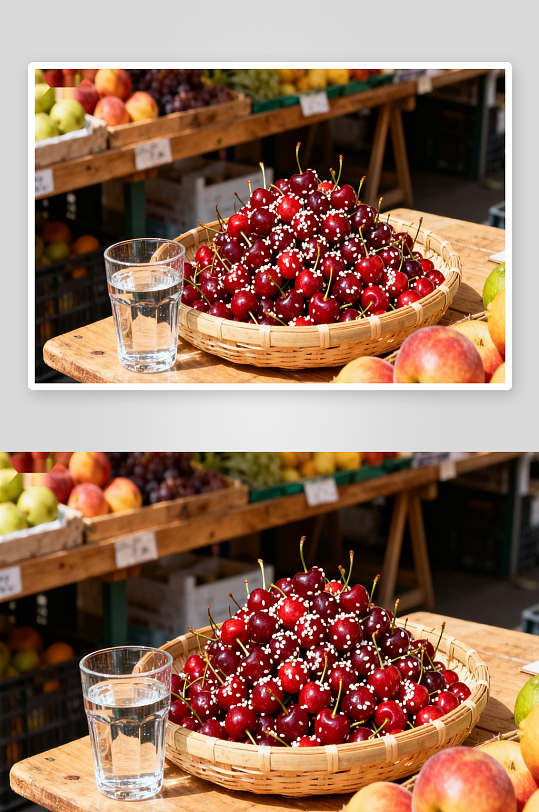 市场摊位新鲜樱桃与水果-众图网