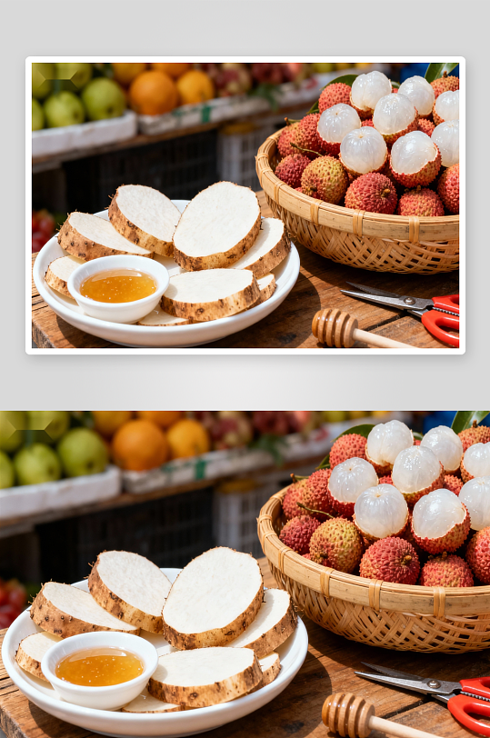 市场水果摊荔枝与山药-众图网