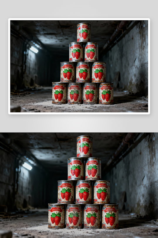 废弃仓库中的草莓罐头金字塔-众图网