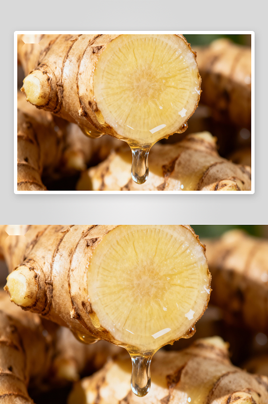 新鲜生姜切面特写汁液滴落-众图网