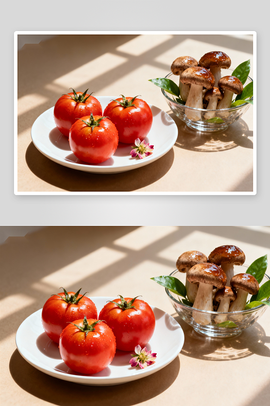 新鲜番茄与蘑菇摆盘-众图网