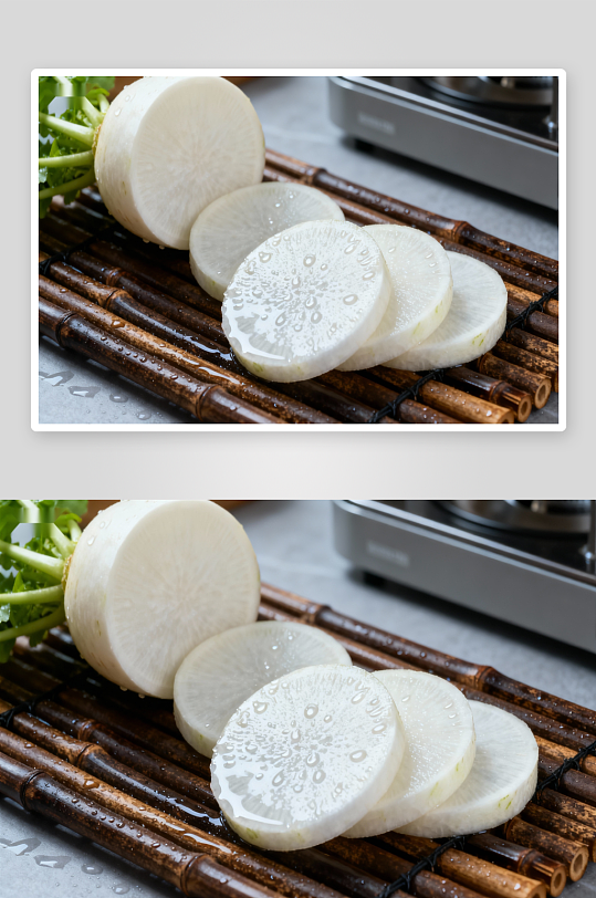 新鲜白萝卜切片摆放在竹垫上-众图网
