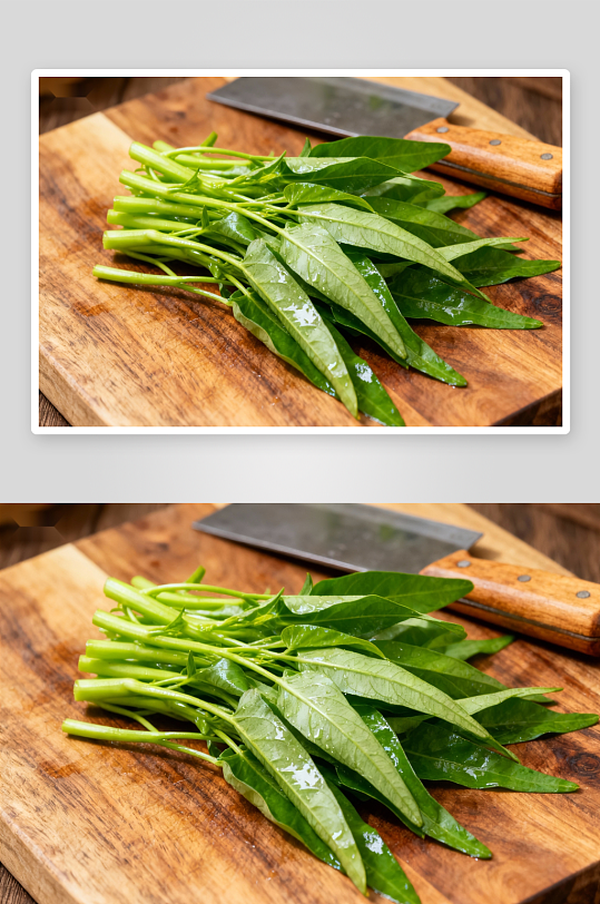 新鲜空心菜置于木质砧板-众图网