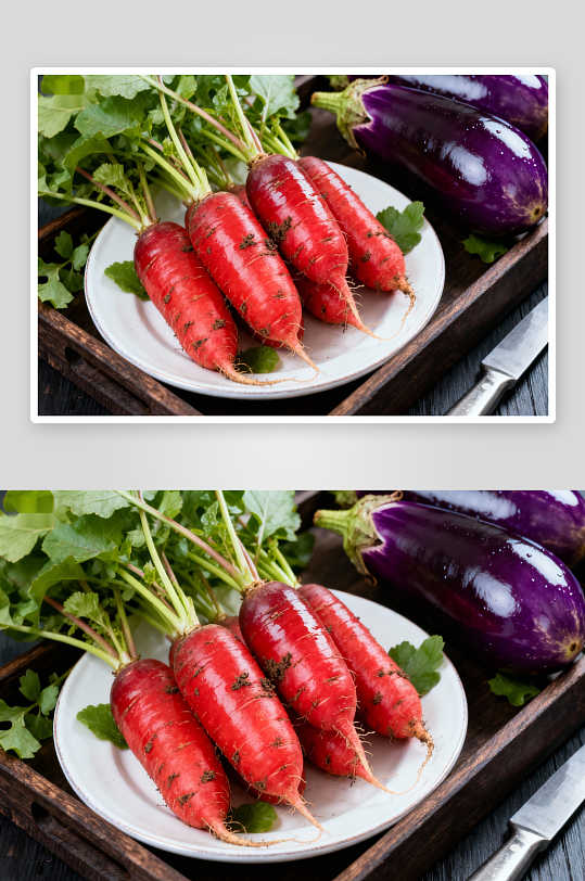 新鲜红萝卜与紫茄子摆盘-众图网