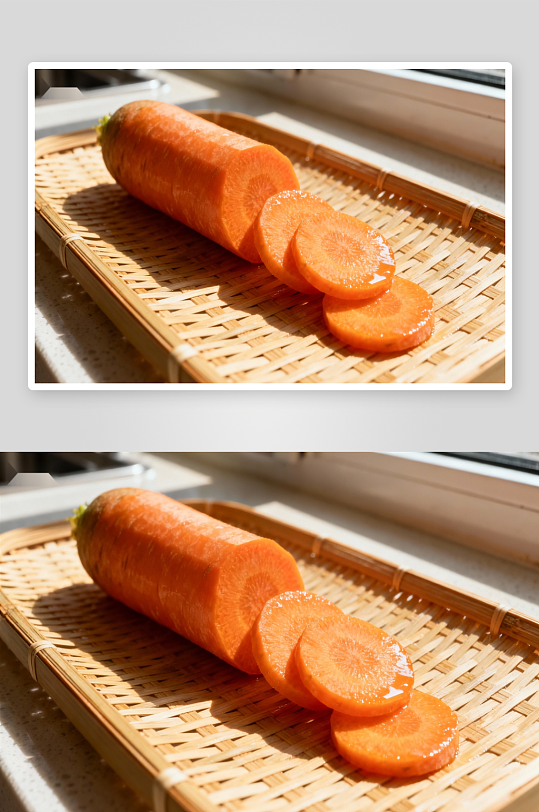 新鲜胡萝卜切片摆放在竹编托盘上-众图网