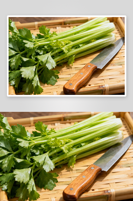 新鲜芹菜与刀具摆放在竹篮上-众图网