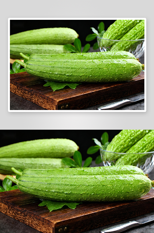 新鲜苦瓜摆放在木质砧板上-众图网