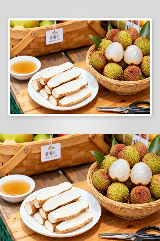 新鲜荔枝与切片根茎摆盘-众图网