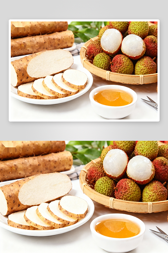 新鲜荔枝与山药摆盘-众图网