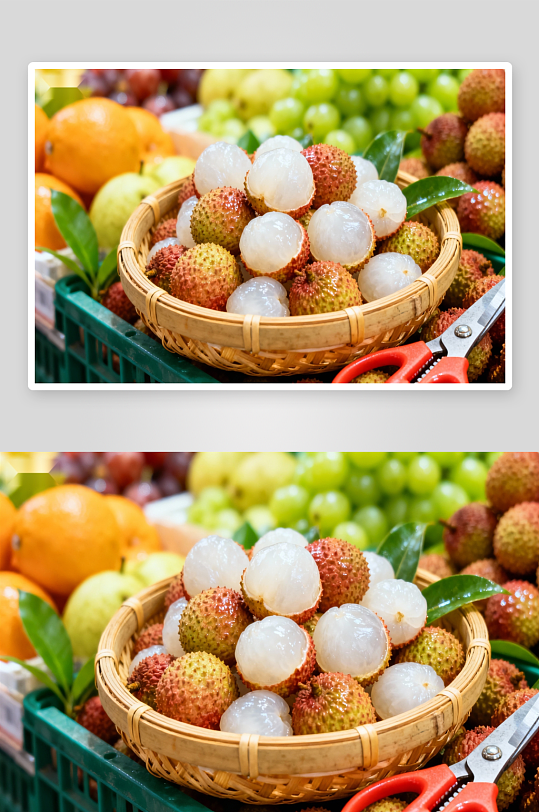 新鲜荔枝与水果篮-众图网