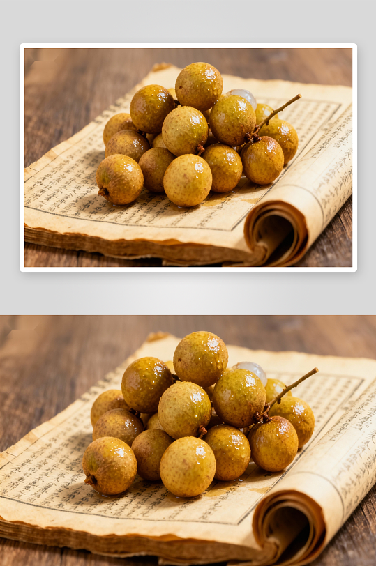 新鲜龙眼置于古卷之上-众图网