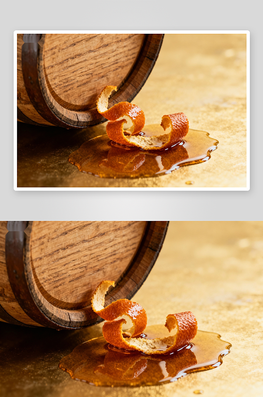 木桶旁的橙皮与琥珀液体-众图网
