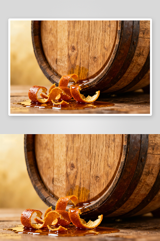 木桶酒液溢出搭配橙皮-众图网
