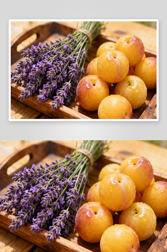 木盘上的李子与薰衣草-众图网
