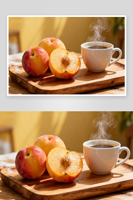 木盘上的桃子与热咖啡-众图网