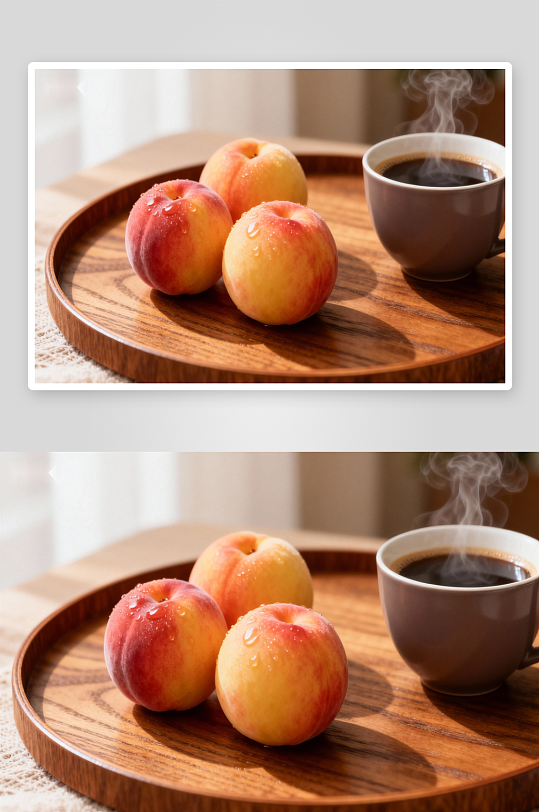 木盘上的水蜜桃与热咖啡-众图网