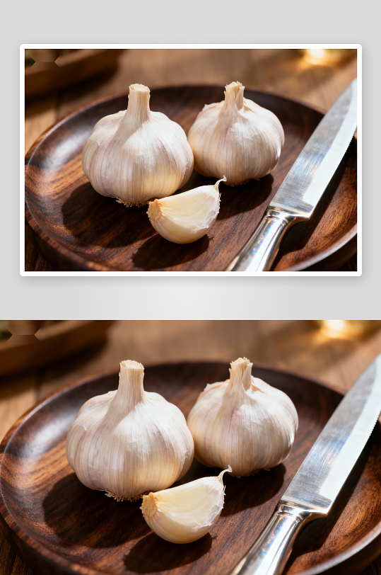 木盘蒜瓣与刀具静物-众图网
