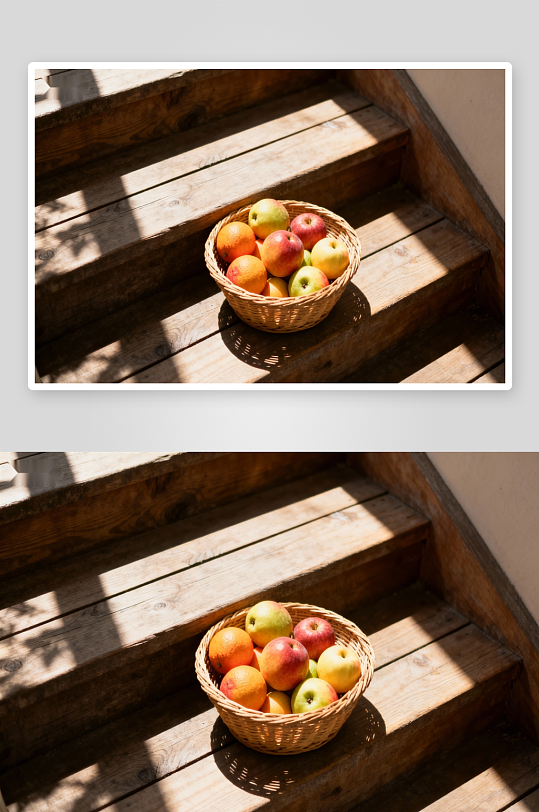 木质台阶上的水果篮-众图网