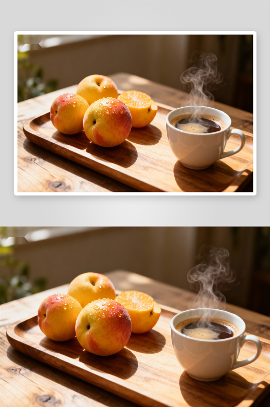木质托盘上的咖啡与桃子-众图网