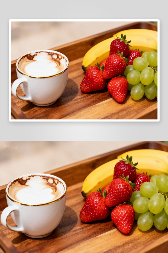 木质托盘上的咖啡与水果-众图网