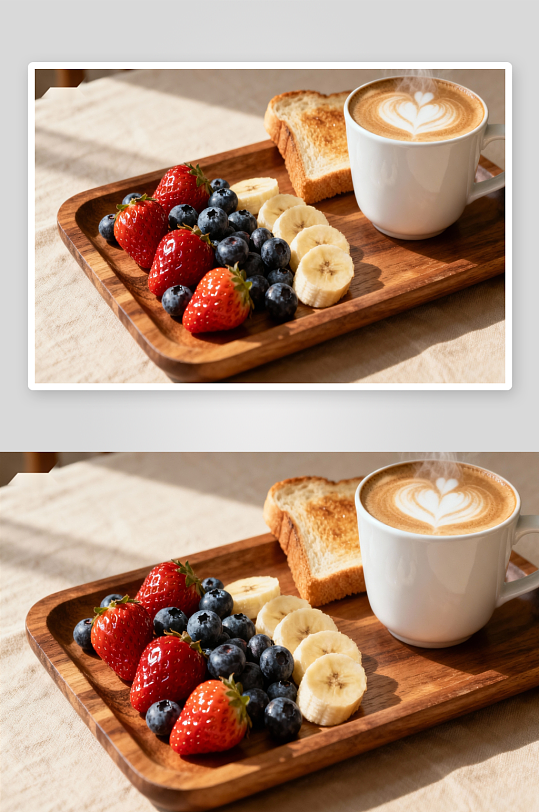 木质托盘上的早餐咖啡与水果-众图网