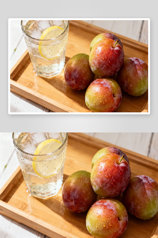 木质托盘上的李子与柠檬水-众图网