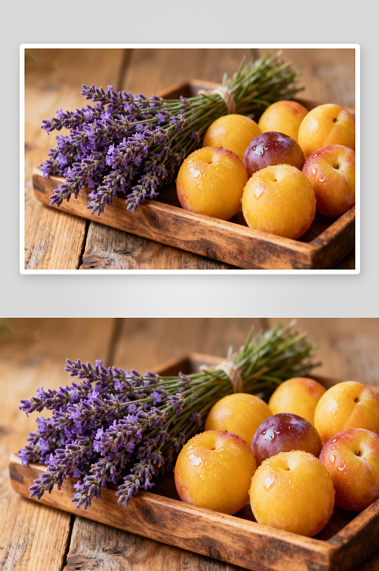 木质托盘上的李子与薰衣草-众图网
