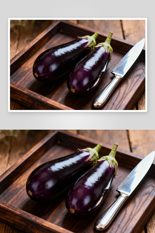 木质托盘上的紫茄子与刀具-众图网