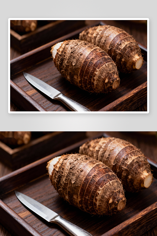 木质托盘上的芋头与刀具-众图网